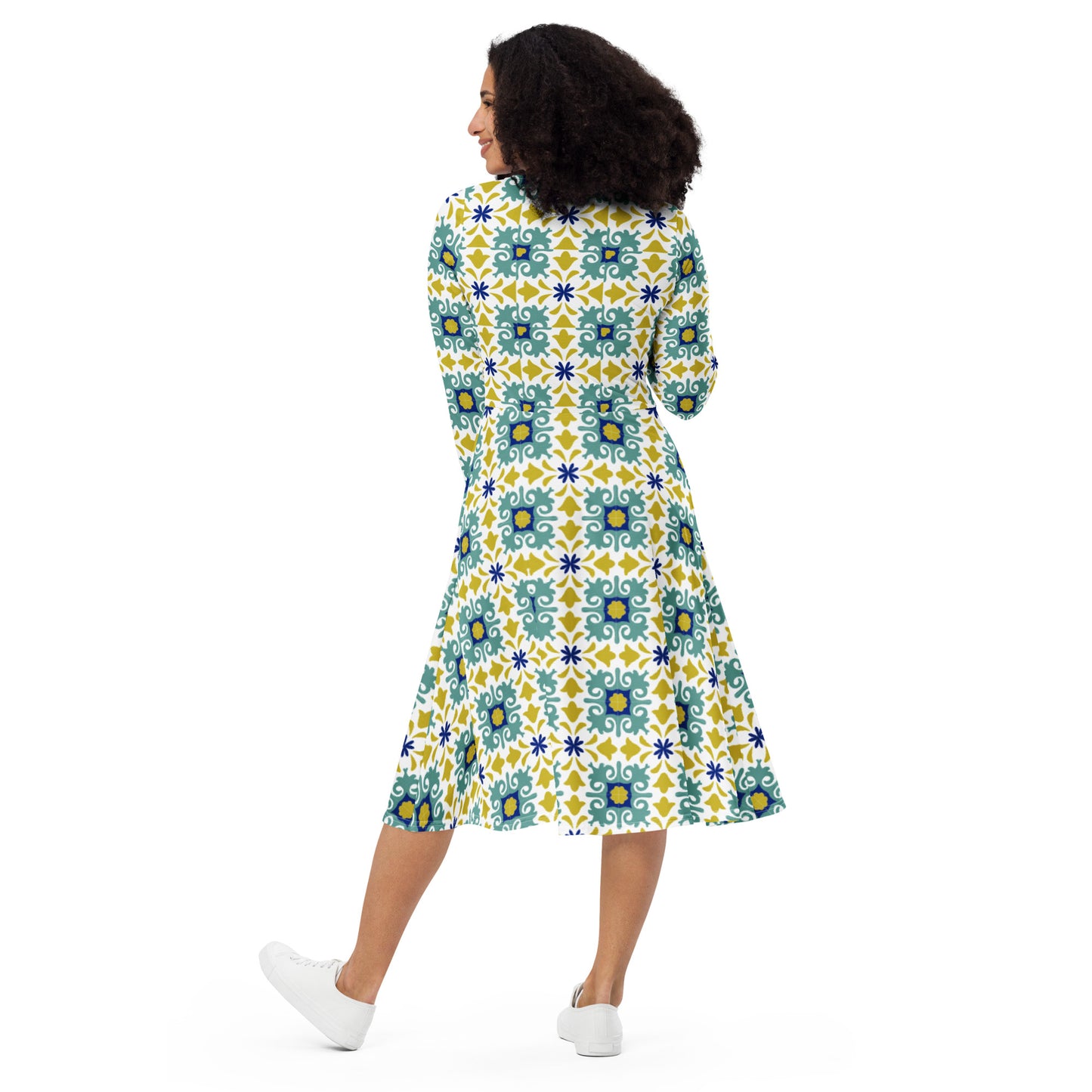 All-over print long sleeve midi dress