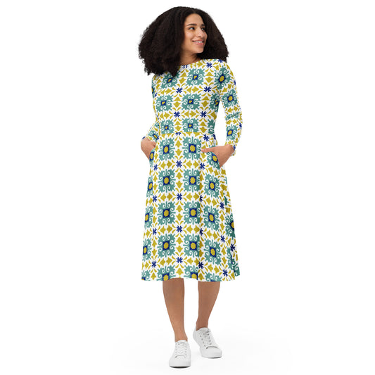 All-over print long sleeve midi dress